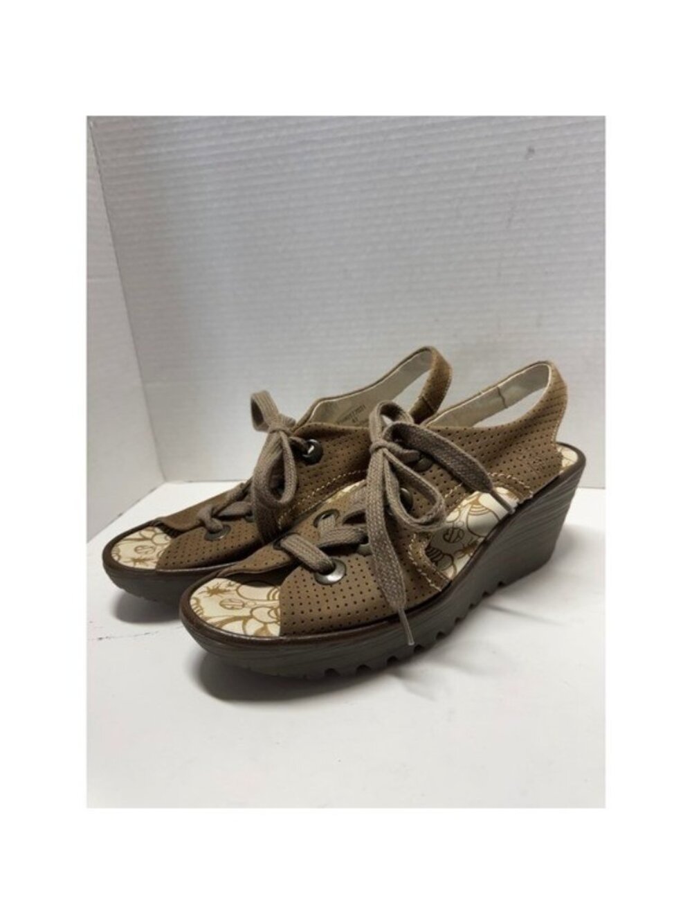 Fly London Yala Brown Perforated Leather Lace Up Wedge Sandals P500377031 41 10
